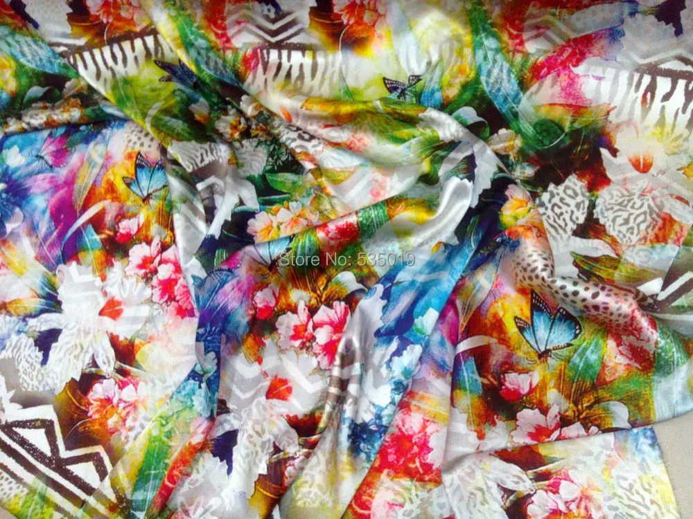 

New Green flowers view inkjet positioning printing silk fabric spandex 97% silk romantic night wedding/party dress fabric