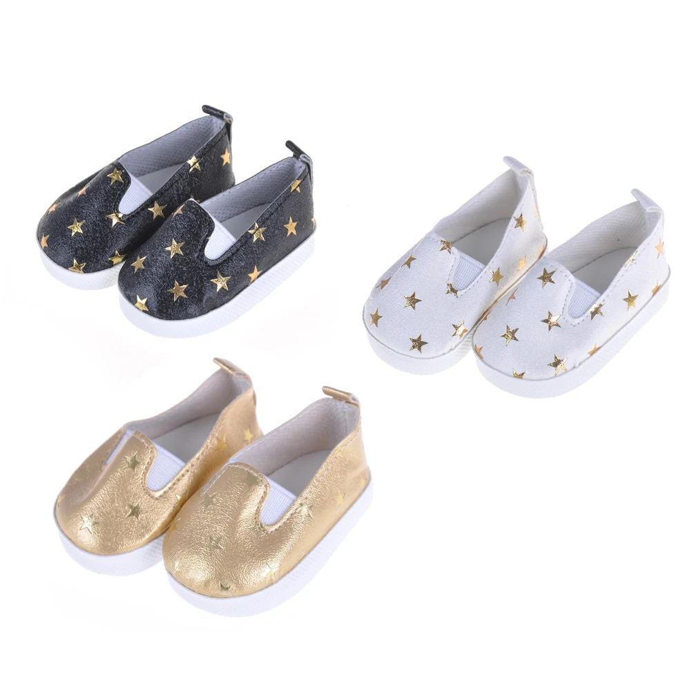 

1Pair high quality Golden Black White Leather Shoes Doll Shoes Fit 43cm Doll Accessories Girl Gift