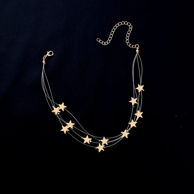 Բազմաթիվ շերտեր պղնձի աստղեր կախազարդ Choker մանյակ զարդեր Նորաձևություն կարգավորելի պարանոցի մանյակ կանանց համար հայտարարության մանյակ
