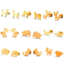 Милые серьги-гвоздики из нержавеющей стали модные женские серьги с изображением кота собаки динозавра Ежика крокодила птички лося животных