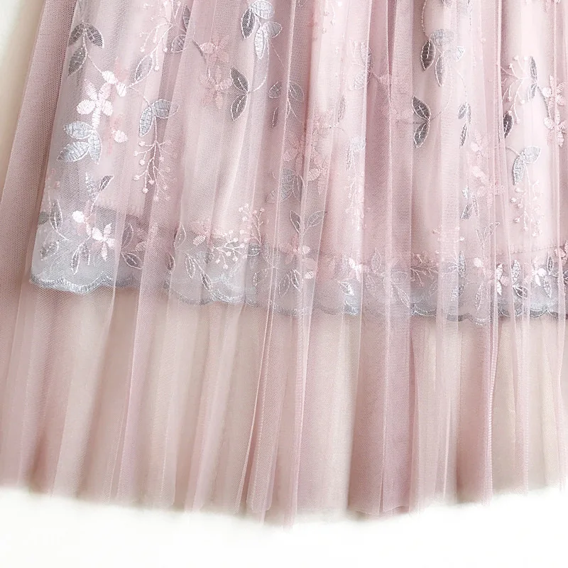 Цветочная вышивка Высокая талия сетчатая юбка в складку Женская длинная 3 цвета Лето новое поступление
