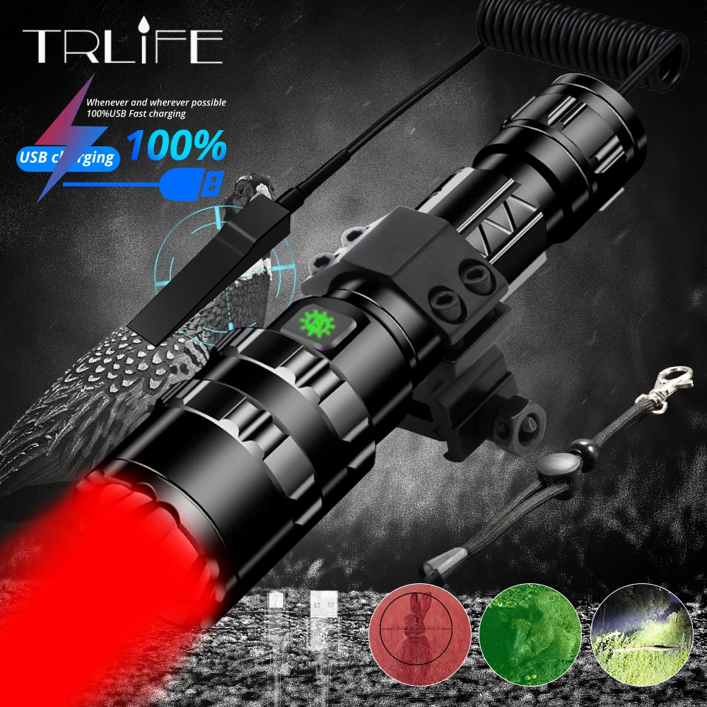US $10.19 Hunting Flashlight Red Green Scout Light 1 Mode Professional Tactical LED Flashlight USB 18650 Waterproof Night For Hog Coyote