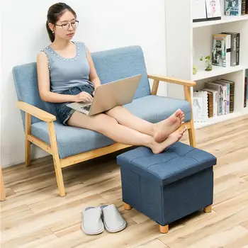 

2019 New Denim Fabric Solid Wood Storage Four Footstool Toy Storage Box With Cover Waterproof And Moth Proof Home Supplies