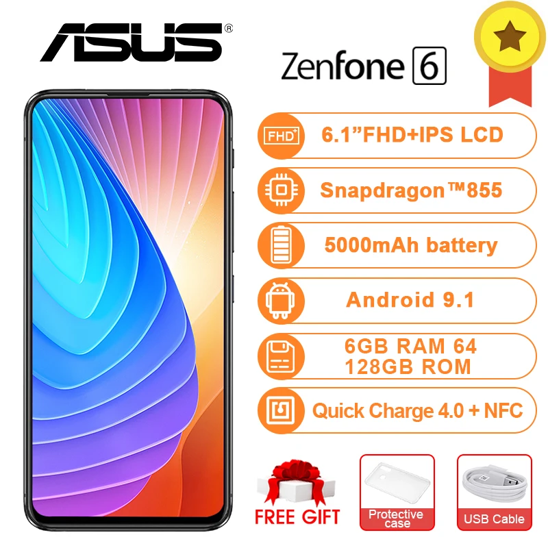 Чехол для ASUS Zenfone 6 устройство, док-станция Qualcomm Snapdragon 855 6 ГБ Оперативная память 64/128 ГБ Встроенная память телефона 48+ 13 Мп отпечатков пальцев 5000 мАч 6,4 дюймовый смартфон 4G