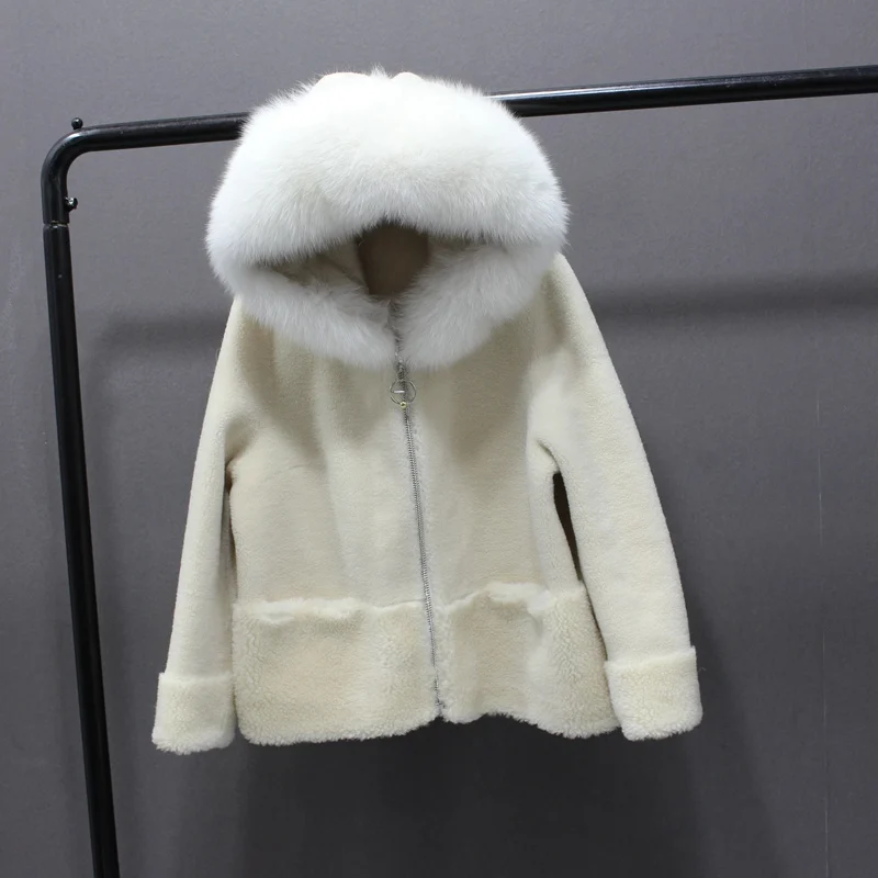 Женская куртка из натурального овечьего меха с натуральным лисьим мехом, с капюшоном, Нормальная длина, зимняя женская верхняя одежда, пальто на молнии, модная одежда, новое поступление