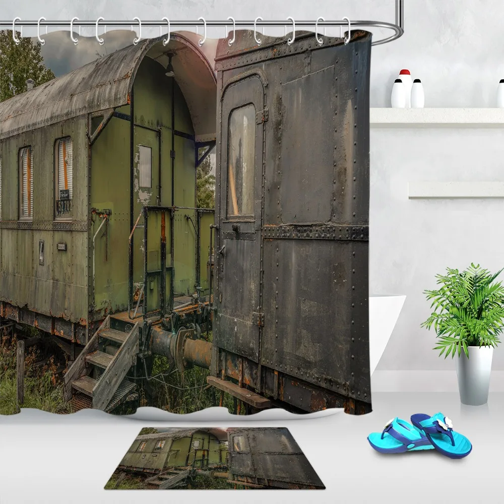 

LB Vintage Green Tin Train Compartment Shower Curtain With Mat Set Bathroom Nature Waterproof Fabric For Art Bathtub Decor