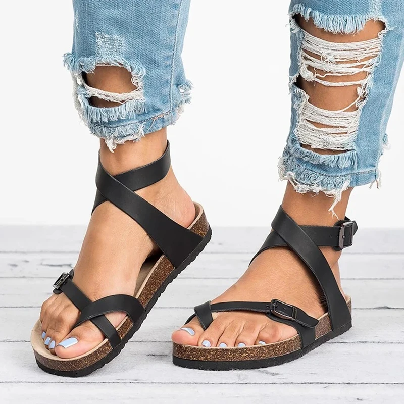 Women Sandals 2019 New Summer Leather Sandals Flip Flop Flat Sandals Casual Beach Shoes Ladies 43,Black,9.5 