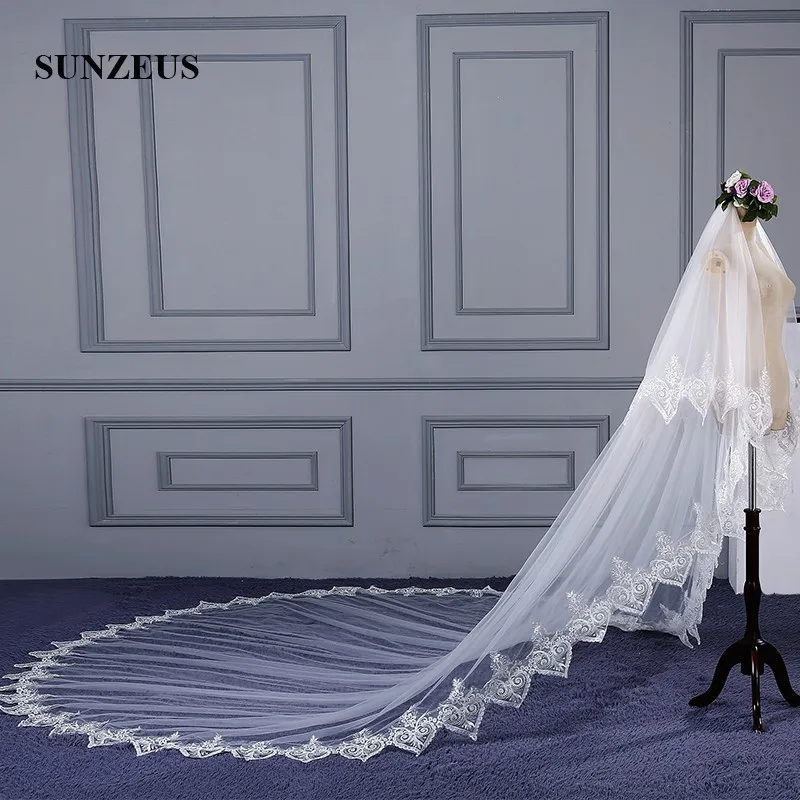 Два слоя фаты длиной для невесты края шнурка собор Veil vestido de noiva 2018 аксессуары SBV35