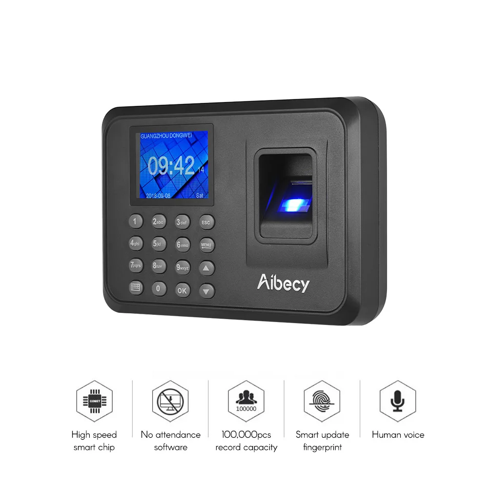 

Intelligent Biometric Fingerprint Password Attendance Machine Employee Checking-in Recorder 2.4 inch TFT LCD Screen DC 5V Time