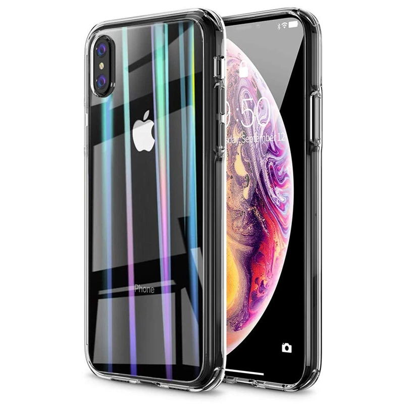 For iPhone XS Max XR X Tempered Glass Case TPU Bumper Hybrid Hard Aurora Cover 7 8 Plus Luxury Shockproof Cases |