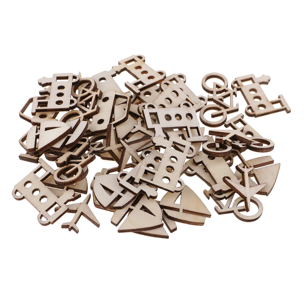 50pcs Unfinished Wood Vehicle Wooden Shapes Cutout Slices Scrapbooking Embellishments for Kids DIY Craft 