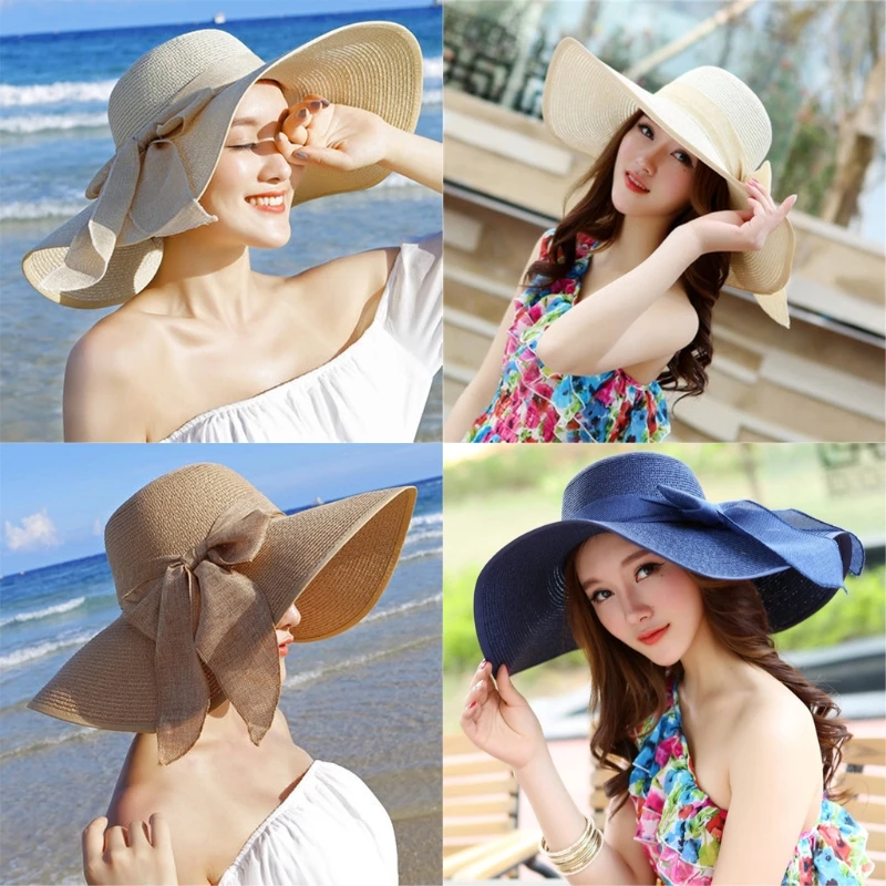 Летний большой полями соломенная шляпа от солнца пляжная одежда модные Floppy широкими полями ВС Кепки бантом пляж складной Повседневное девушка Шапки