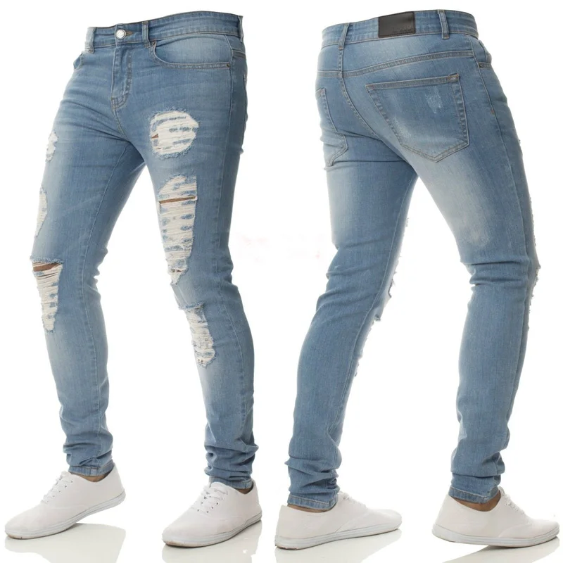 Обтягивающие джинсы, Мужские штаны, новинка, брендовые Стрейчевые рваные джинсы для мужчин, хип-хоп Уличная одежда, джинсовые брюки, мужские джинсы, Homme - Цвет: light blue