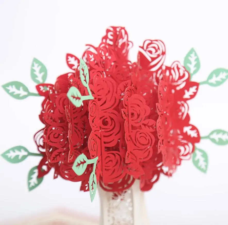  10pcs Hollow Rose Flower Handmade Kirigami Origami 3D Pop UP Greeting Cards Invitation card For Wed - 32812564657