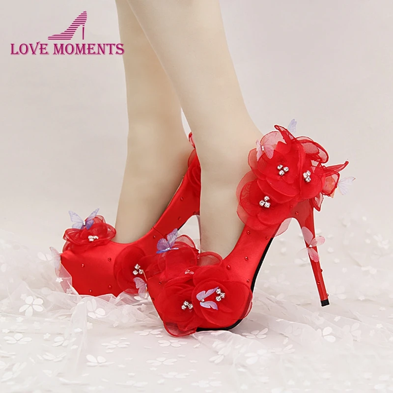 Red Wedding Shoes Beautiful Flower And Butterfly Bride Party High