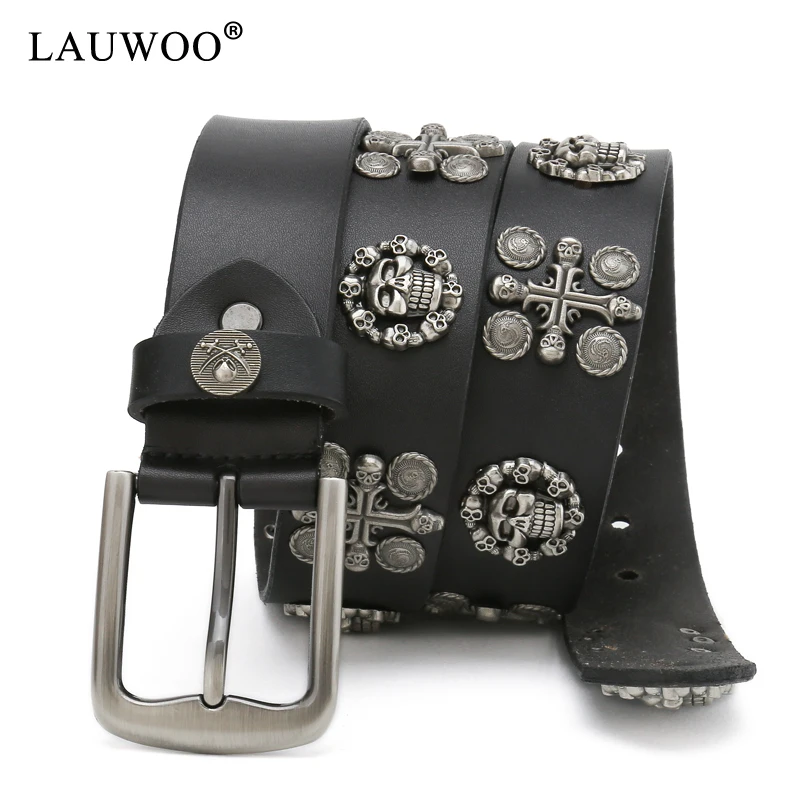 

LAUWOO New Punk Cow Leather Belt rivet belt Cross head decoration rivets Men's and women's hip-hop leather belt