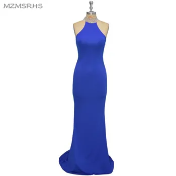 

Sexy Backless Halter Prom Dresses 2017 Crystal Beaded Royal Blue Spandex Mermaid Long Formal Party Gowns vestido longo