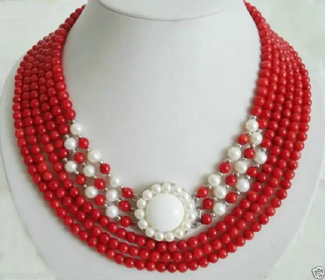

Hot sale Free Shipping>>>>>6 Rows Red Coral White Pearl 18KWGP Flower Clasp Pendant Necklace