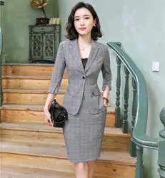 Формальные Серый блейзер для женщин бизнес костюмы с юбкой и куртка наборы для ухода за кожей Половина рукава женские офисные