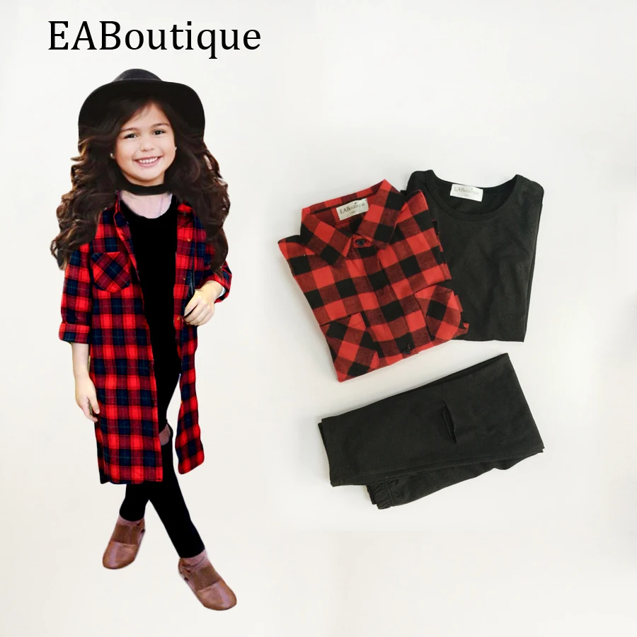 Eaboutique الربيع شارع الأزياء طويل أحمر منقوشة قميص طويل مع سترة حفرة تصاميم السراويل الفتيات الملابس مجموعة 3 قطعة