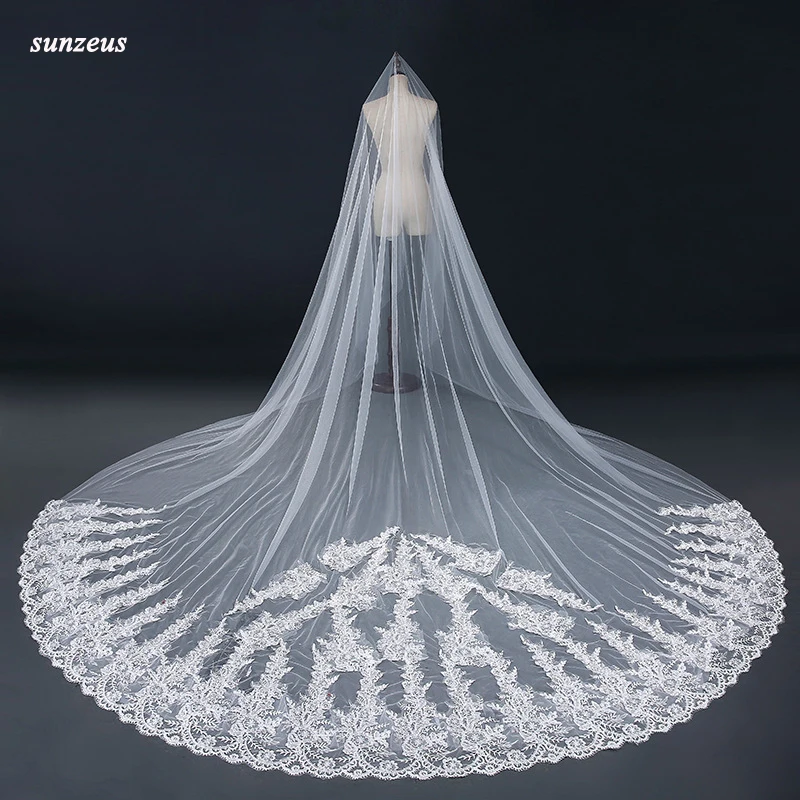 

Saudi Arabic Long Bridal Veils Luxury Appliques Lace Wedding Veil One Layer Ivory Velos De Novia 2020 WV036