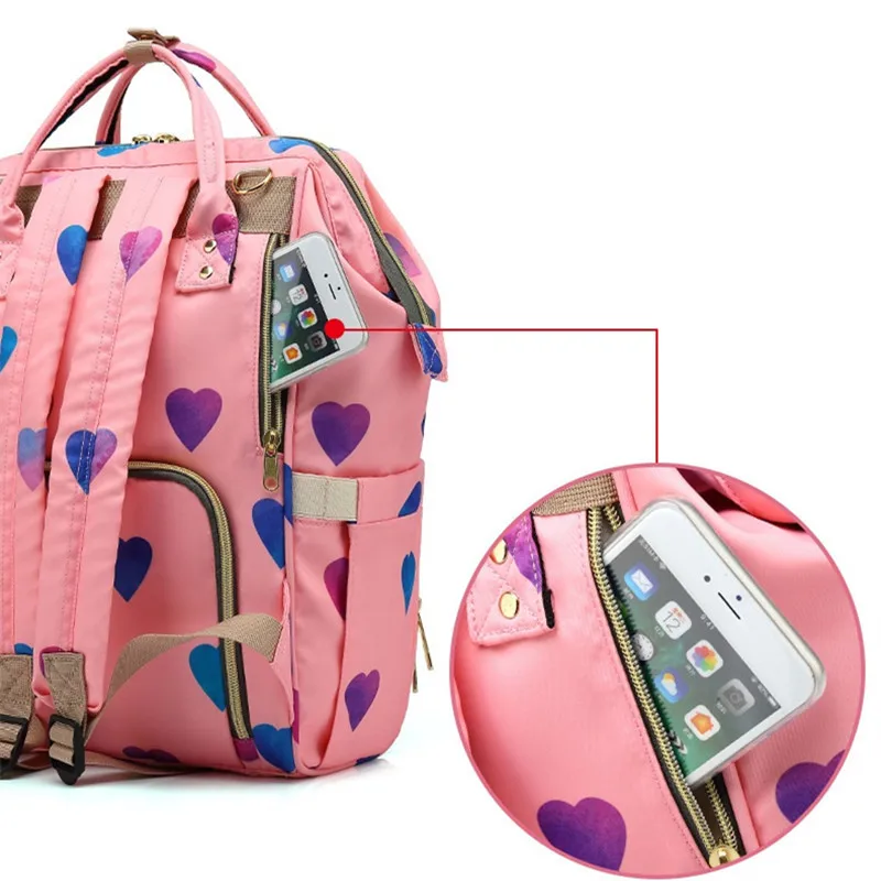 Upgrade Love Heart Printed Multi-function Mummy Diaper Bags Mother and Baby Candy Color Backpack Large Capacity Fashion Travel08