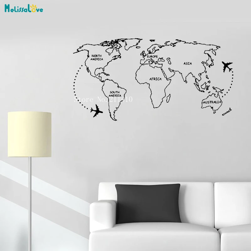 Контуры карта мира настенные стикеры материки самолет и английский простые заметки наклейки декор гостиной съемные художественные фрески YT744