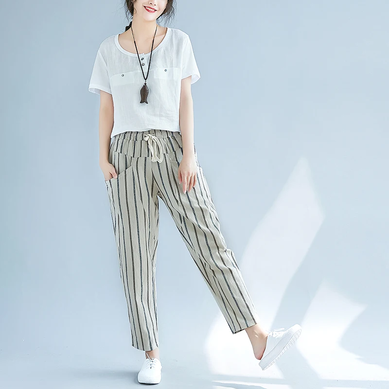 2019 Summer Cotton Linen Harem Pants Trousers Women Pockets Casual Drawstring Elastic High Waist Pants Vintage Pantalon Femme   8
