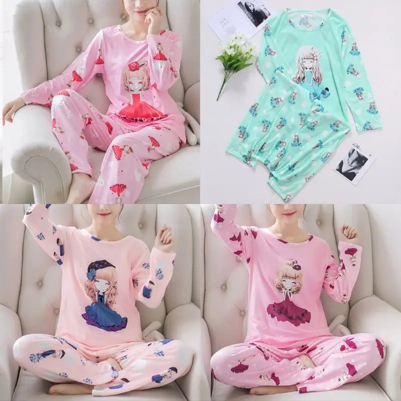 

New 2 Pcs Women Spring Autumn Pajamas Set Long Sleeve Round Neck Tops Sleepwear Cute Cartoon Girl Figure Print Loose Loungewear