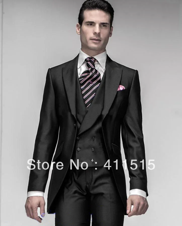 FREE SHIPPING/Black Peak Lapel Groom Tuxedos Groomsmen Men Wedding GROOM WEAR TUXEDO,CUSTOM Bridegroom SUIT/PARTY DRESS