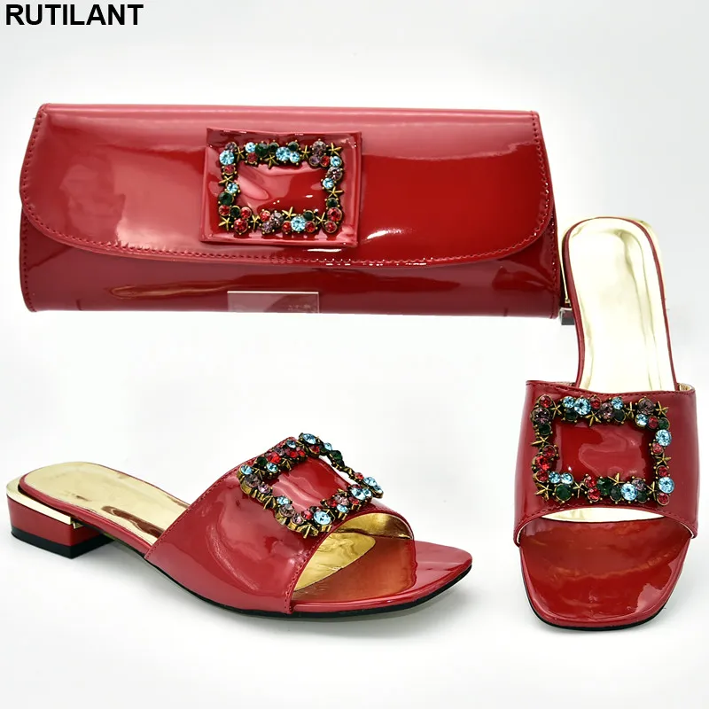 

New Arrival Womens Dress Shoes Open Toe Nigerian Shoes and Matching Bags Set Decorated with Rhinestone Luxury Shoes Women 2019