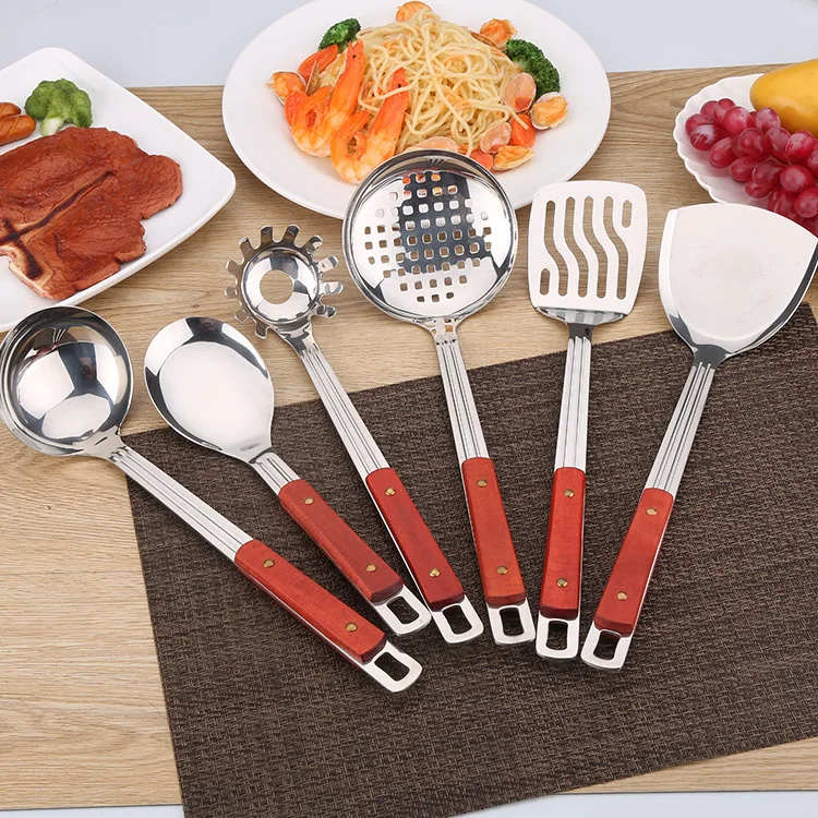 Stainless Steel Wooden Handle Spatula Scoop Set Kitchen Cooking Utensils