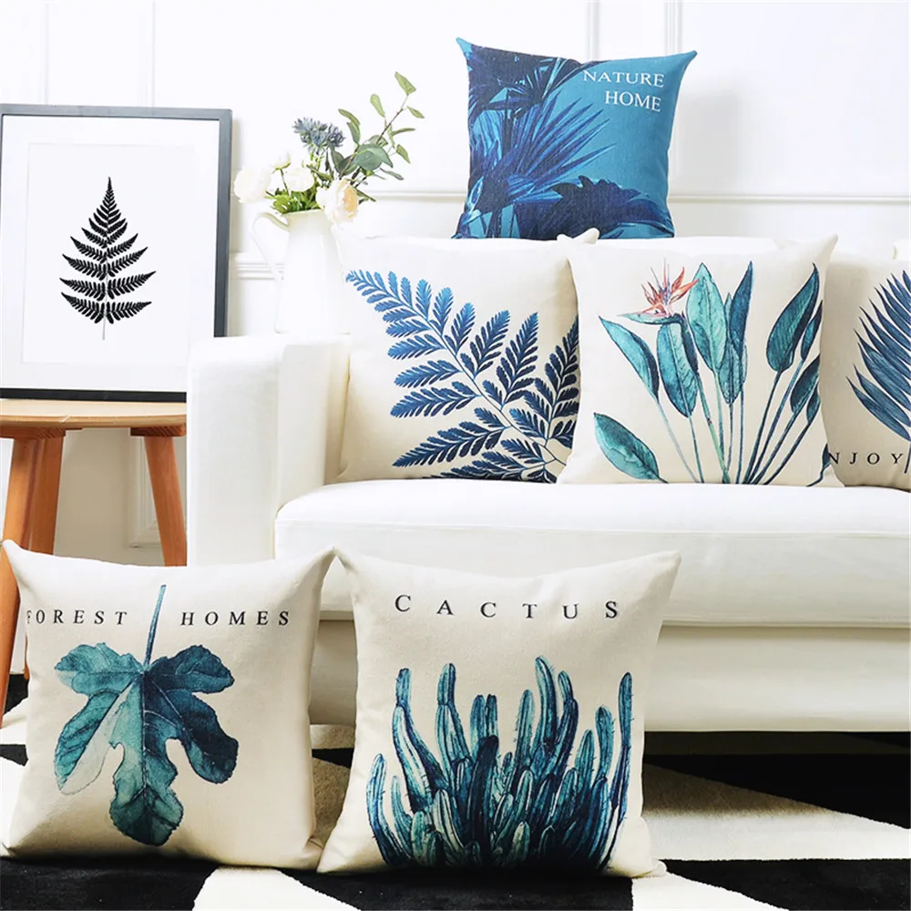 Декоративная подушка в скандинавском стиле с синими растениями, наволочка для спальни, дивана, Capa De Almofadas Funda Cojines 45x45 см