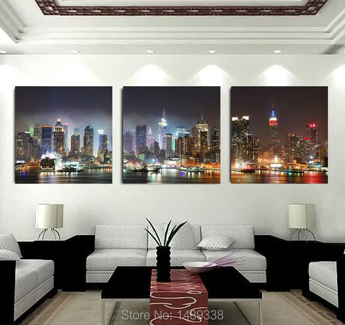 3 Panel Modern Wall Painting riverside city night scene Home Wall Art