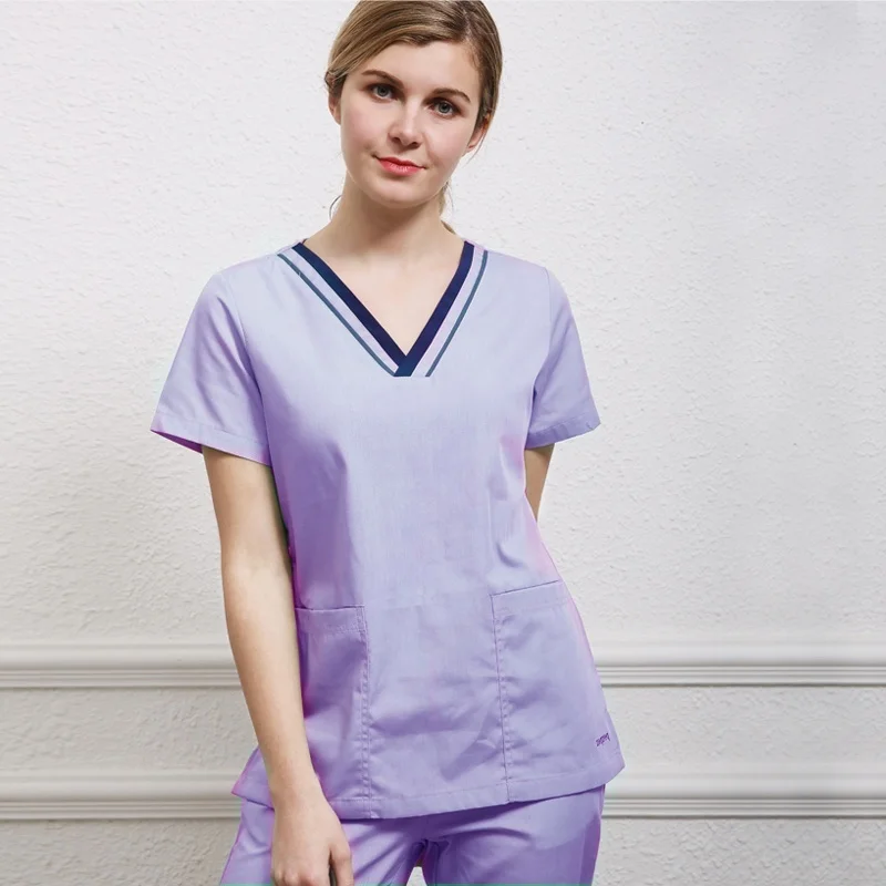 Women's Scrubs Top V-neck Short Sleeves Shirt Color Blocking Design Doctor Costume Medical Uniforms(Just A Top)