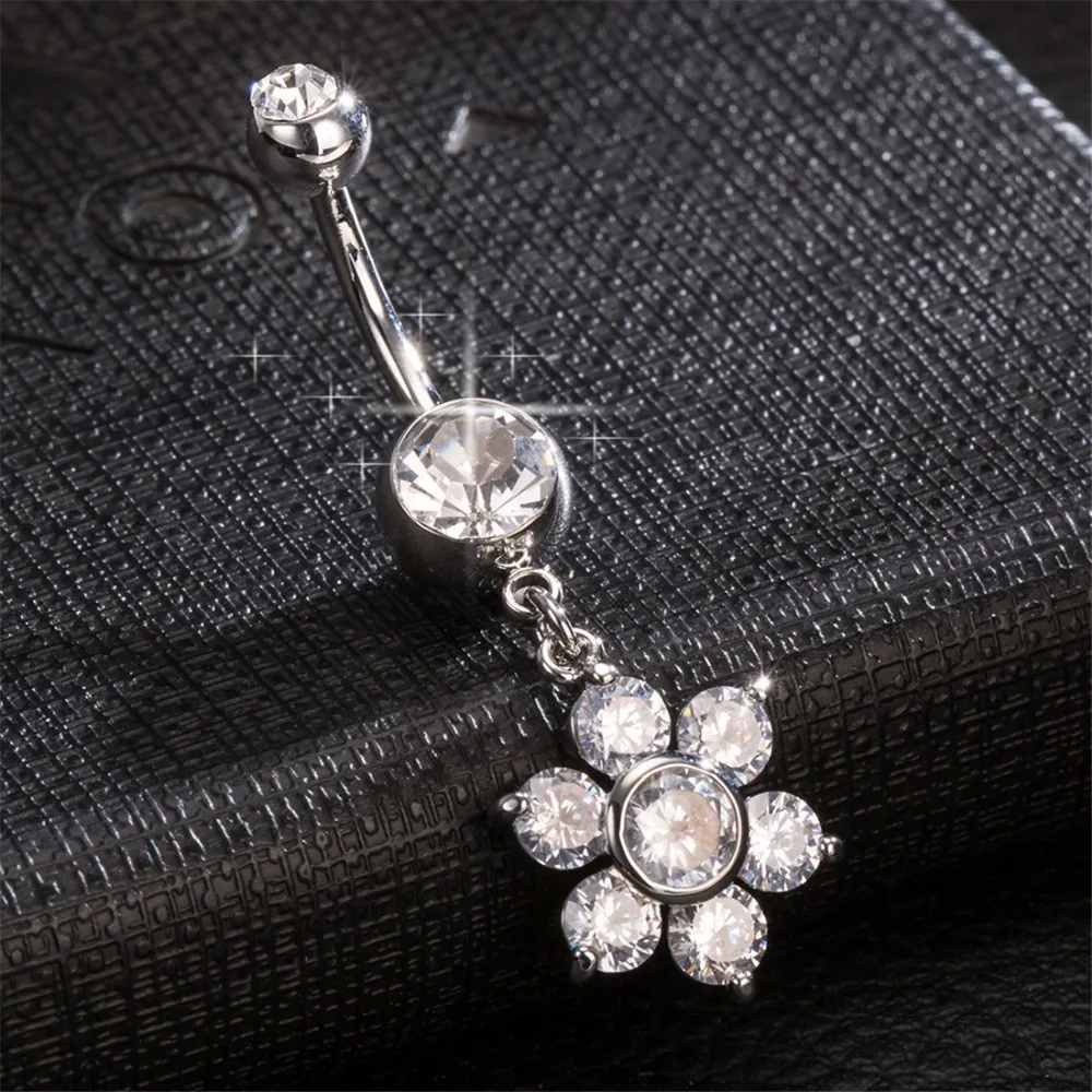 Gussiarro Flower 3 Color Cubic Zirconia Gold-Color Piercing Belly Button Ring Barbell Piercing Nombril Ring Body Jewelry Woman