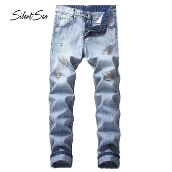 

Silentsea Fashion Classical Men's Jeans Light Blue Color Straight Fit Jeans Men 100% Cotton Ripped Jeans Zipper Pants Large Size