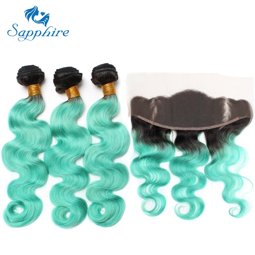 Sapphire Virgin Hair Brazilian Body Wave With Frontal 1B/ Green Ombre 2/3 Bundles With Lace Frontal Closure Hair For Salon brazilian-body-wave-frontal