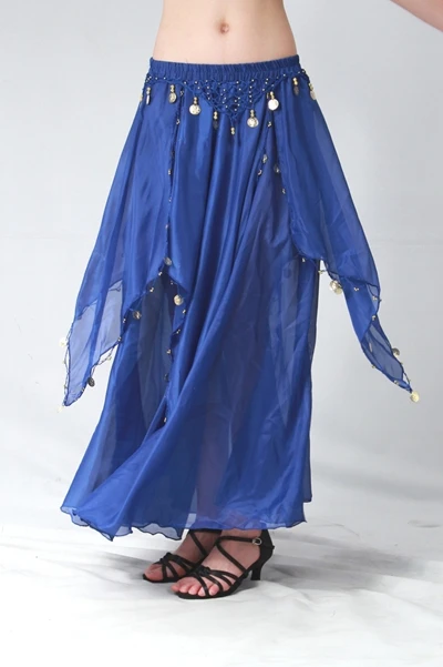 Royal blue Однотонная танцевальная одежда Для женщин Болливуд Одежда для танцев шифоновая юбка в индийском стиле с эластичной резинкой на талии, Длинные танец живота юбки Украшенные монетами 8 цветов - Цвет: Royal blue
