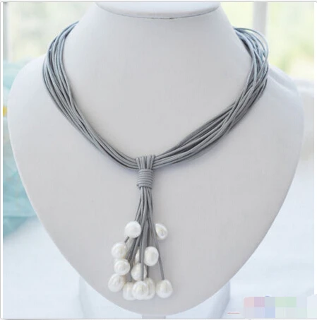 

P3888 15row 17" 13mm white rice pearl gray leather grape necklace ^^^@^Noble style Natural Fine jewe FREE SHIPPING