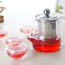 1х 5в1 кунг-фу Кофе Чай Set-390ml жаростойкий стеклянный чайник с нержавеющая сталь заварки и фильтр+ 4* двухслойная чашка