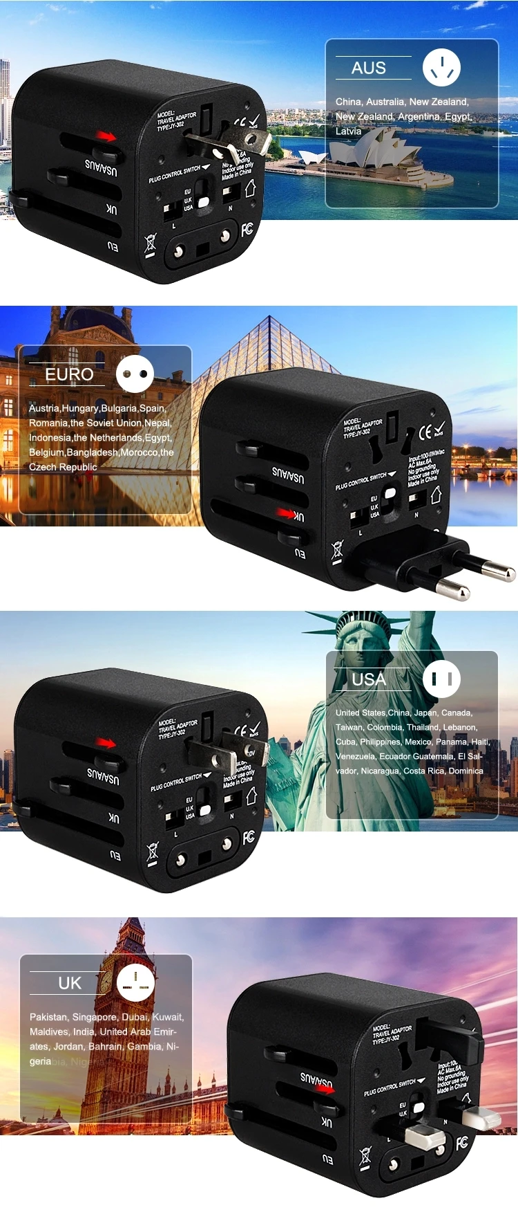 Все в одном дорожный переходник 2 USB настенное зарядное устройство Международный адаптер питания для США и Великобритании AUS Европейский 150 странах