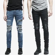 fashion mens jeans hole pants ankle cool blue jogger damage jeans rock star High Quality Casual destroyed skinny ruched jeans