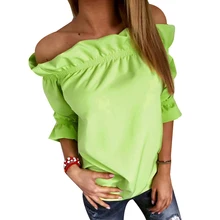 Fashion Wanita Blus Kemeja Puff Sleeve Slash Neck Soild Strapless Off Bahu Ruffles Feminin Blus Wanita Tops LJ3866C