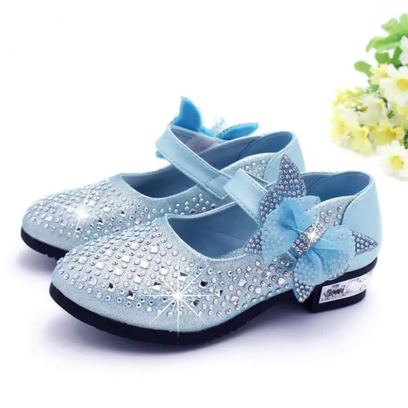 Обувь для девочек; обувь принцессы для свадебной вечеринки; модная кожаная обувь для девочек; стразы; блестящий бант; детская обувь на низком каблуке; обувь принцессы - Цвет: Blue