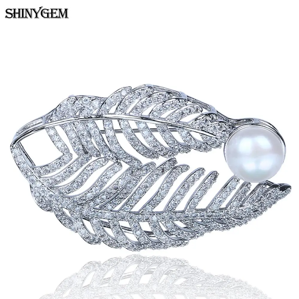 

SHINYGEM Luxury Leaf Brooches Decorate with Shell Pearl Beads Cubic Zirconia Silver Enamel Pin Vitality Leaf Brooches For Women