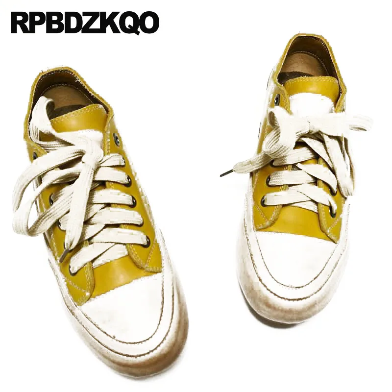 Genuine Leather Trainers Round Toe Handmade Sneakers Flats Yellow