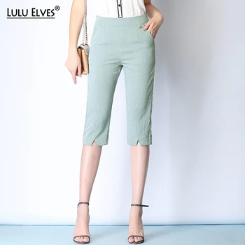 

New summer plus size S-5XL ice silk cotton linen pants capris for women high waist female elastic waist straight casual pants