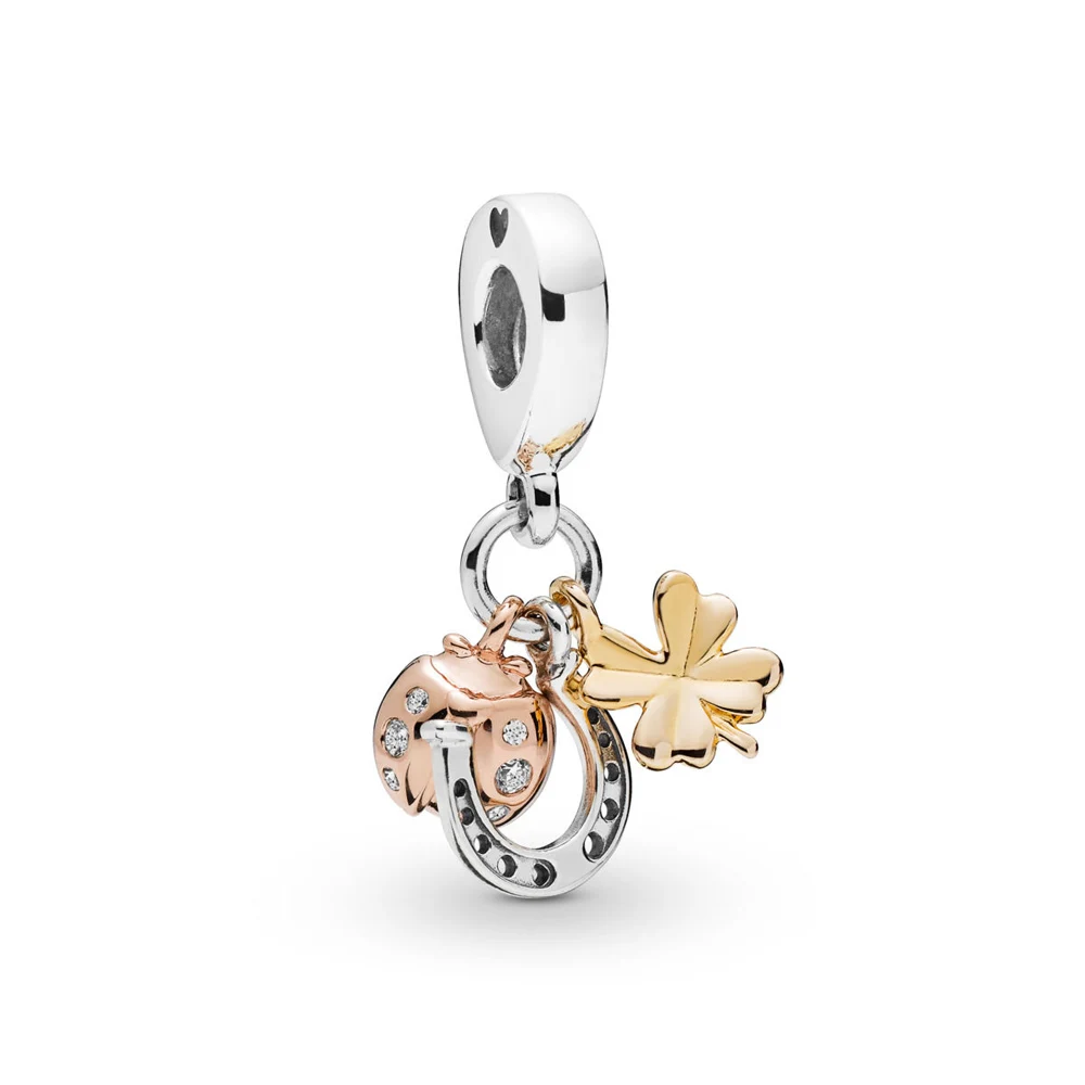 

100% 925 Sterling Silver Original 1:1 Ladies Charm Temperament Horseshoe Clover Ladybug Necklace Pendant Beads Jewelry 797852CZ