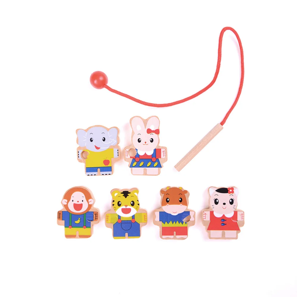 1 Set Cute Cartoon Animals Wooden Threading Beads Game Education Toy